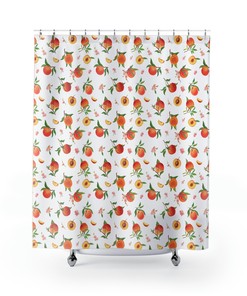 Peach Shower Curtain with Floral Orange Bathroom Matching Curtains