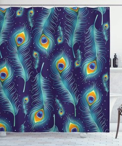 Peacock Bird Feathers Background Designed Image Navy Blue Orange Shower Curtain For Bathroom Decor