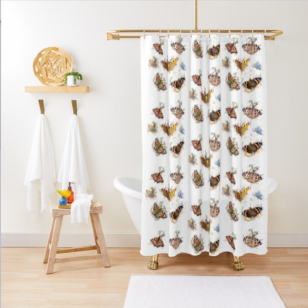 Peacock Butterfly Shower Curtain - Watercolor Style Butterflies And British Animal Art For A Nature Themed Bathroom