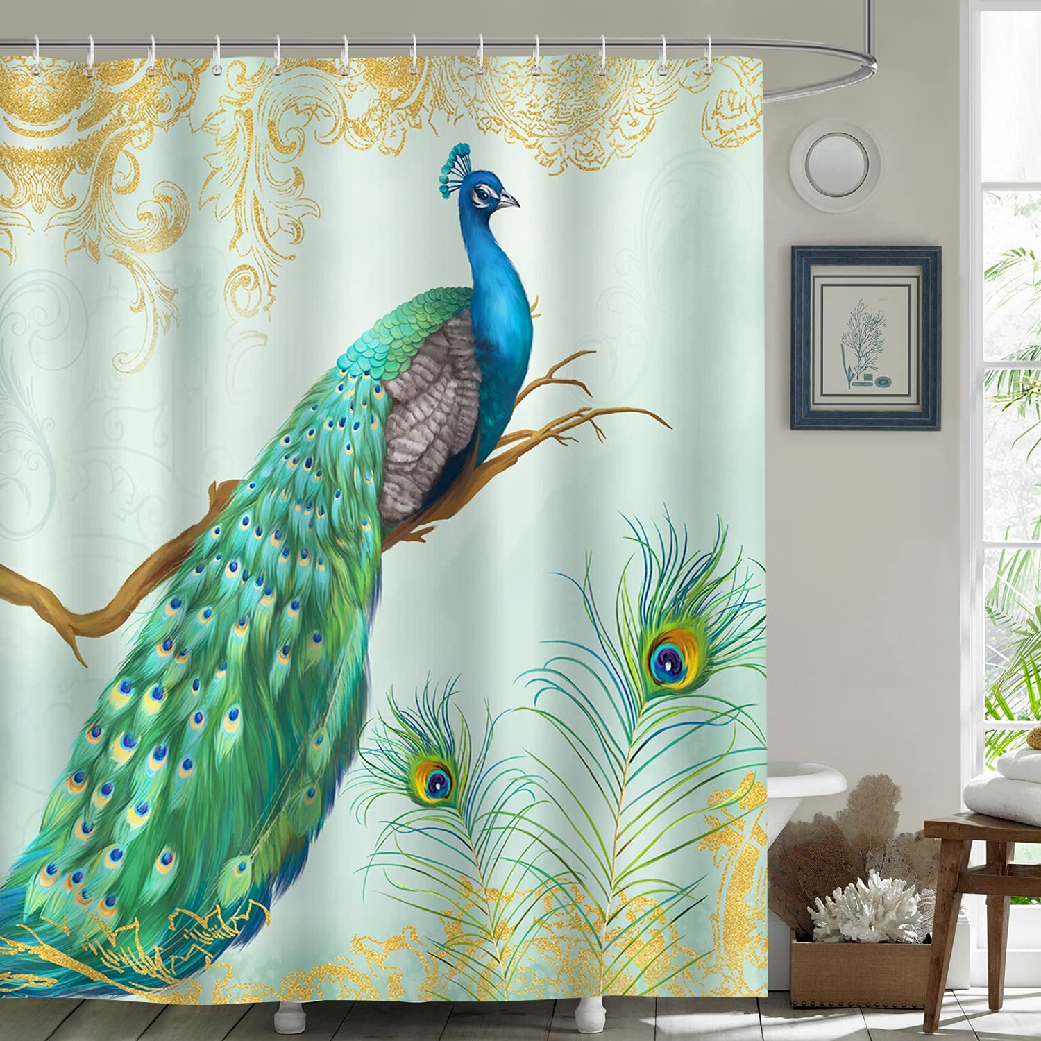Peacock Feather Boho Shower Curtain, Vibrant And Colorful Design, Waterproof Fabric For The Bathroom