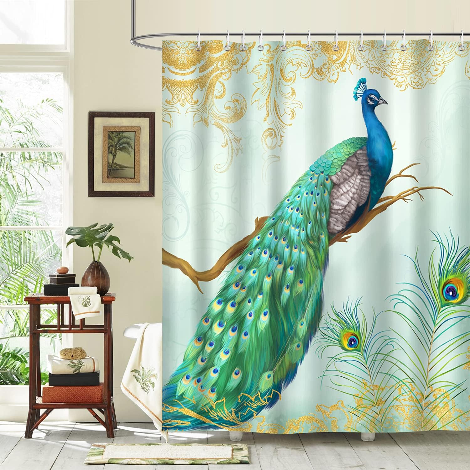 Peacock Feather Boho Shower Curtain, Vibrant And Colorful Design, Waterproof Fabric For The Bathroom - Image 2