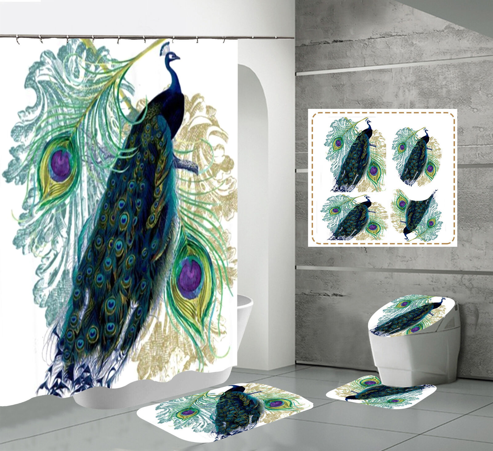 Peacock Feather Print Shower Curtain - Elegant Bathroom Decor