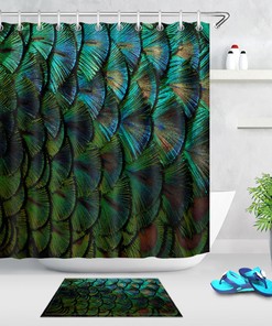 Peacock Feather Shower Curtain - Waterproof Fabric Bathroom Decor with Blue Green Color