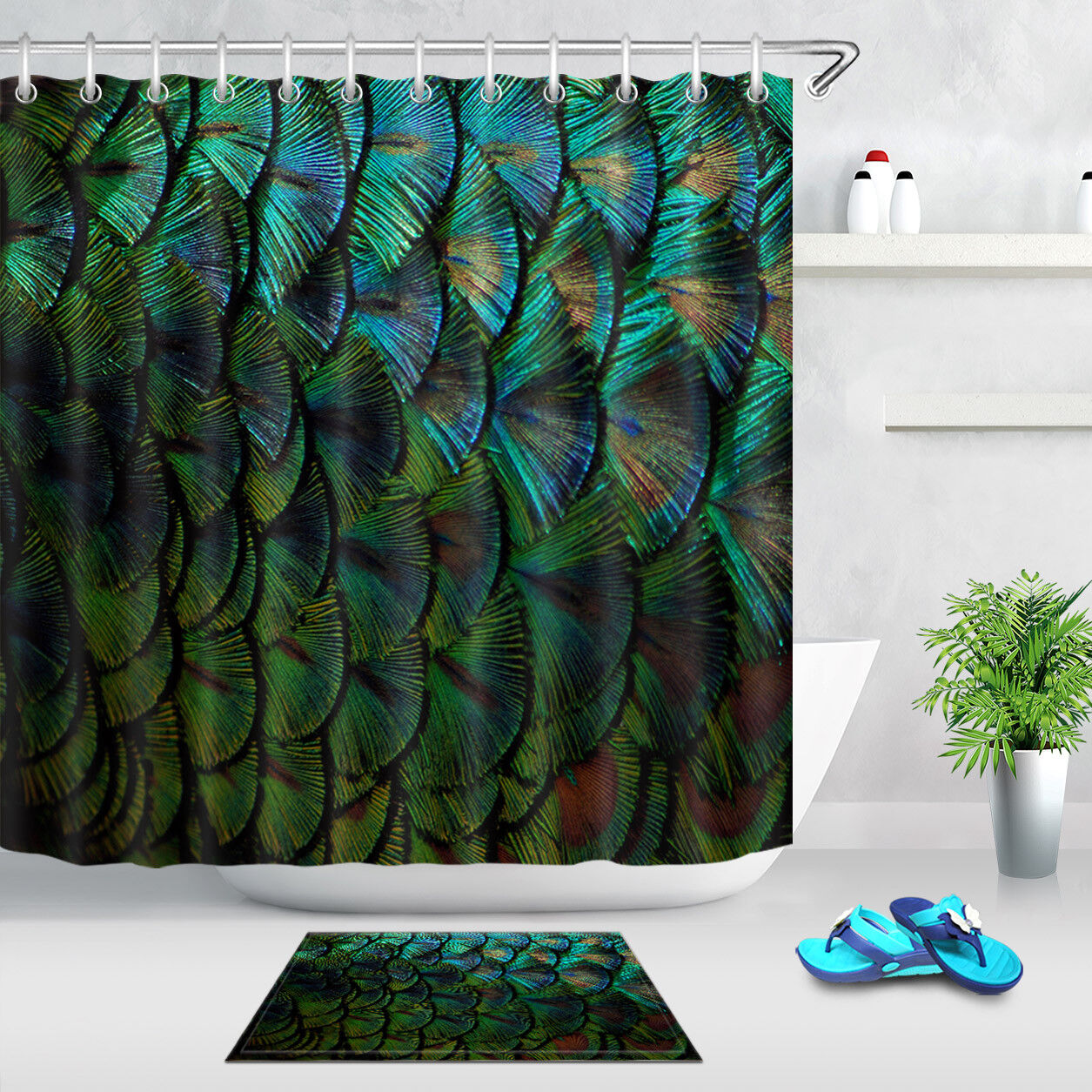 Peacock Feather Shower Curtain - Waterproof Fabric Bathroom Decor with Blue Green Color