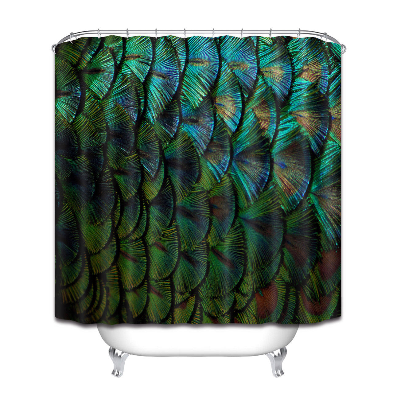 Peacock Feather Shower Curtain - Waterproof Fabric Bathroom Decor with Blue Green Color