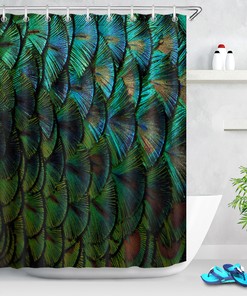 Peacock Feather Shower Curtain - Waterproof Fabric Bathroom Decor with Blue Green Color