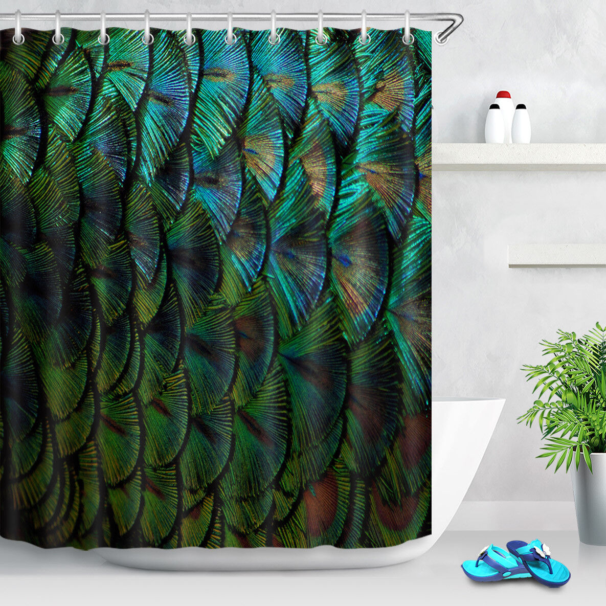 Peacock Feather Shower Curtain - Waterproof Fabric Bathroom Decor with Blue Green Color