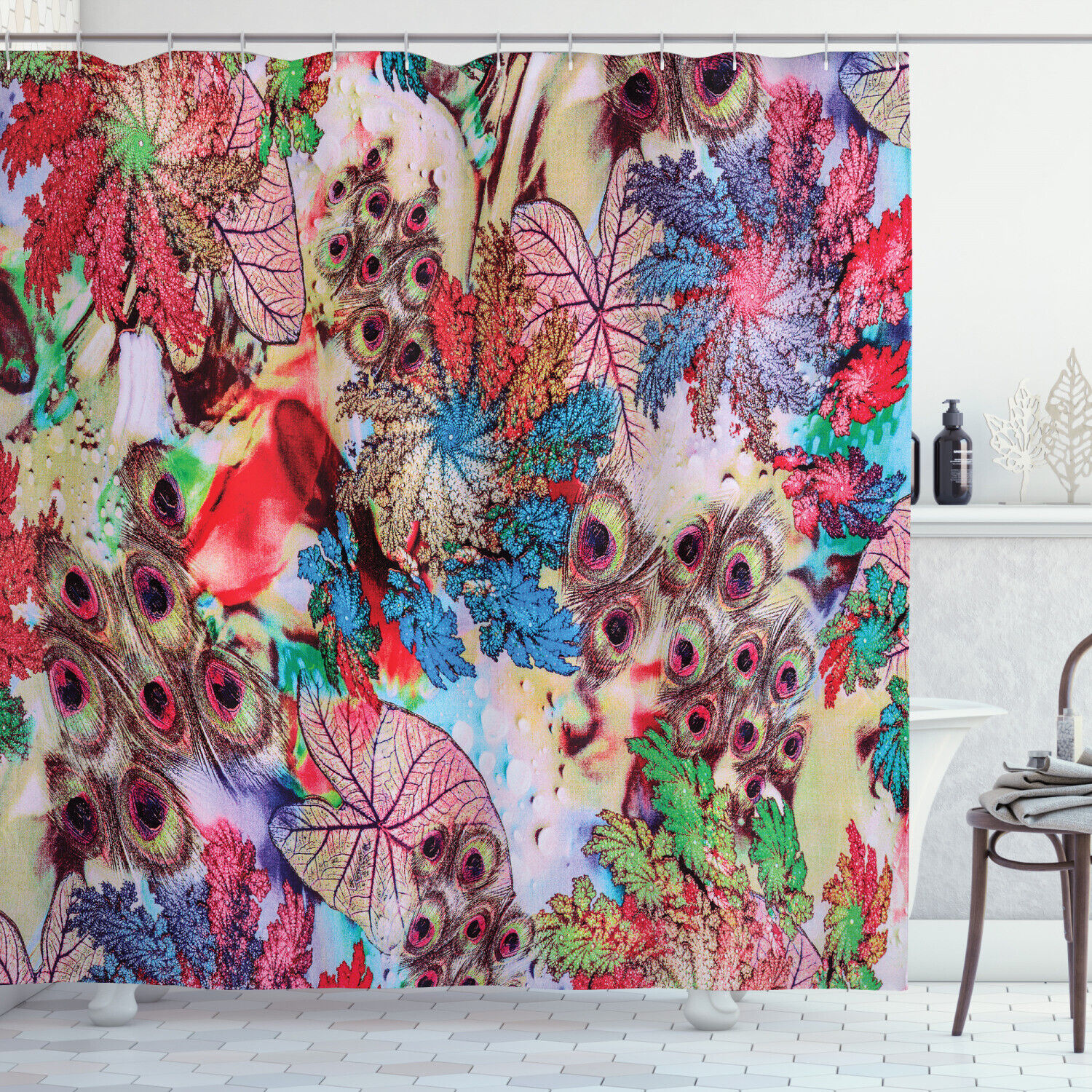 Peacock Feather Shower Curtain featuring Floral Art Leaf Print in Gorgeous Colors