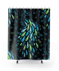 Peacock Feather Shower Curtain with Elegant Neon Blue and Green Design on a Black Background