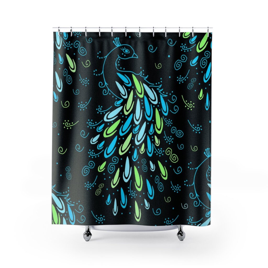 Peacock Feather Shower Curtain with Elegant Neon Blue and Green Design on a Black Background