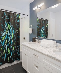 Peacock Feather Shower Curtain with Elegant Neon Blue and Green Design on a Black Background