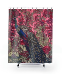 Peacock Feather Shower Curtain with William Morris Inspired Floral Print 