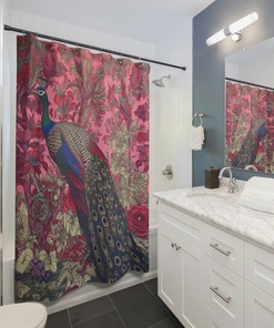 Peacock Feather Shower Curtain with William Morris Inspired Floral Print