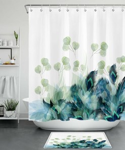 Peacock Feather with Green Eucalyptus Leaves Print Shower Curtain, Perfect for a Unique and Elegant Bathroom