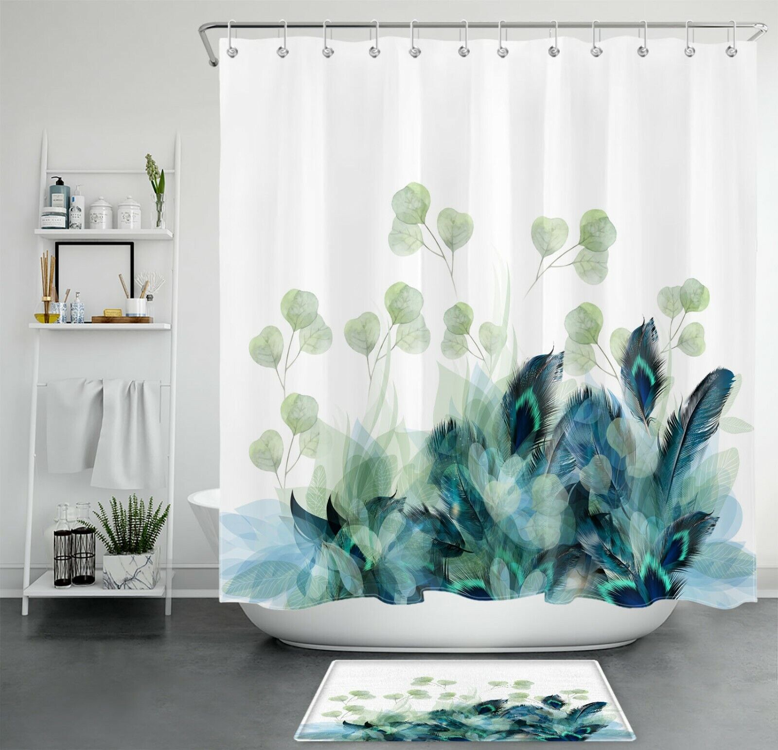 Peacock Feather with Green Eucalyptus Leaves Print Shower Curtain, Perfect for a Unique and Elegant Bathroom