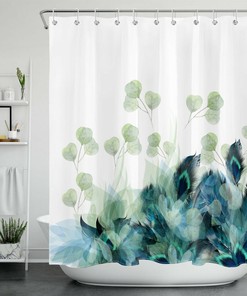 Peacock Feather with Green Eucalyptus Leaves Print Shower Curtain, Perfect for a Unique and Elegant Bathroom