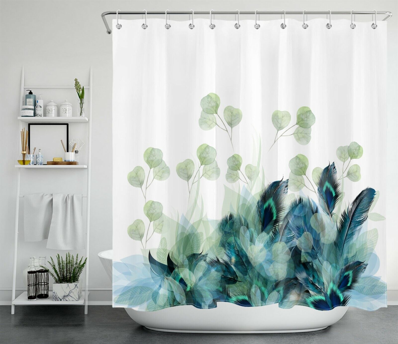 Peacock Feather with Green Eucalyptus Leaves Print Shower Curtain, Perfect for a Unique and Elegant Bathroom