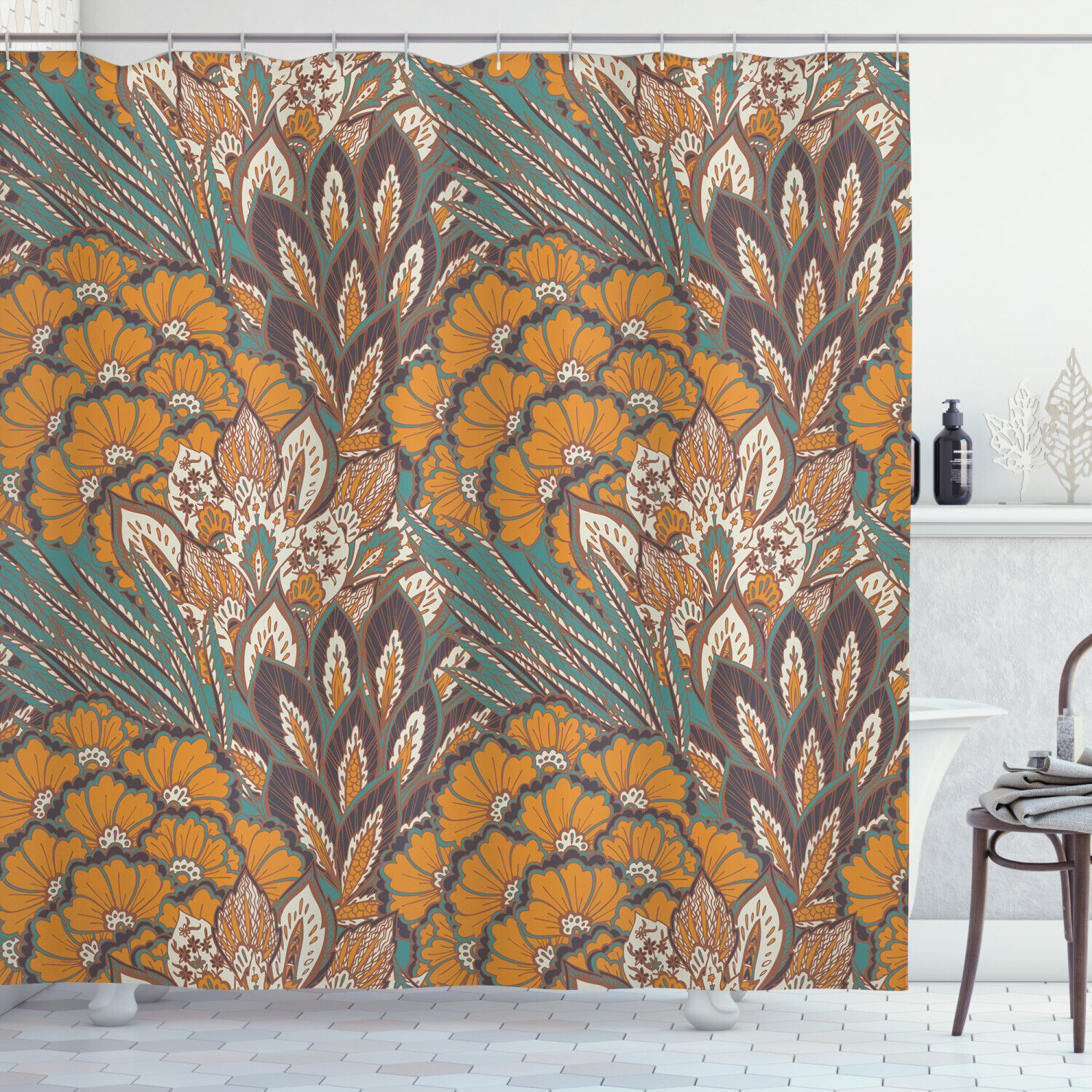 Peacock Feathers And Flowers Print Shower Curtain For A Royal And Majestic Bathroom Decor