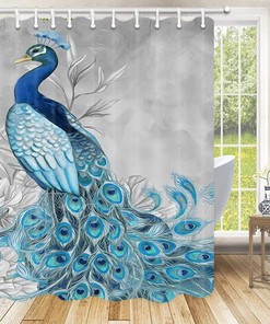 Peacock Feathers Blue Fabric Shower Curtain, Waterproof For Bathroom Decor