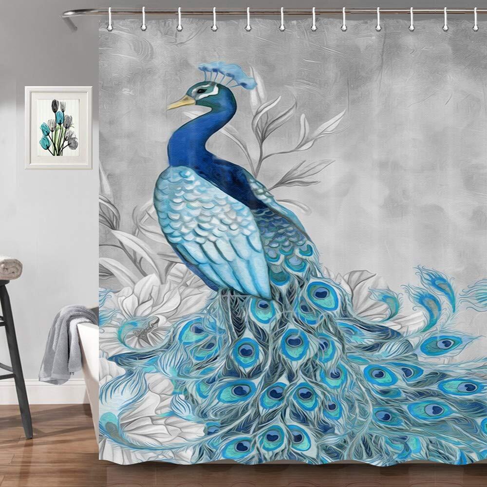Peacock Feathers Blue Fabric Shower Curtain, Waterproof For Bathroom Decor - Image 2