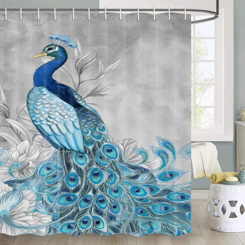 Peacock Feathers Blue Fabric Shower Curtain, Waterproof For Bathroom Decor - Image 3