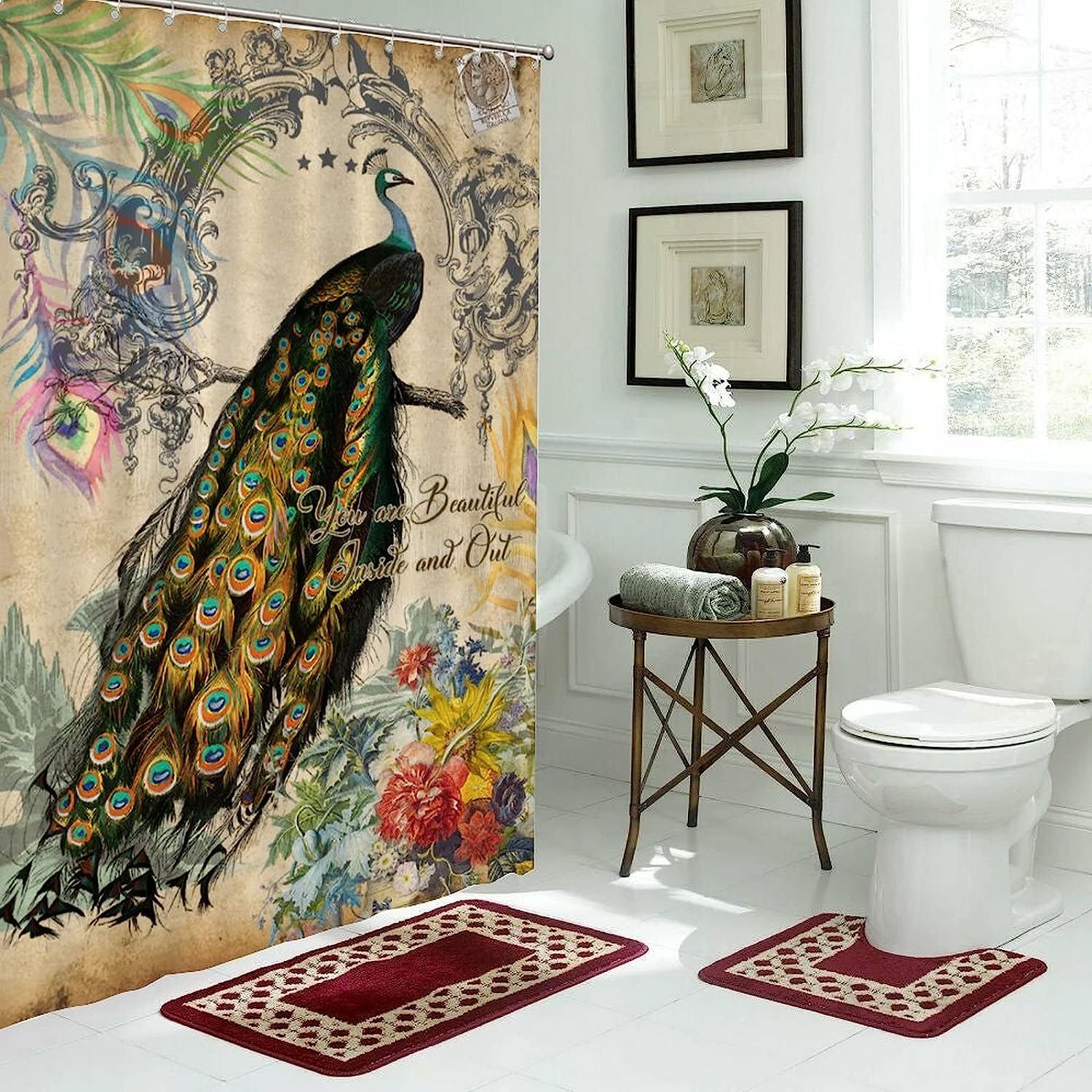 Peacock Flower Quotes Motto Shower Curtain for Beautiful Bathroom