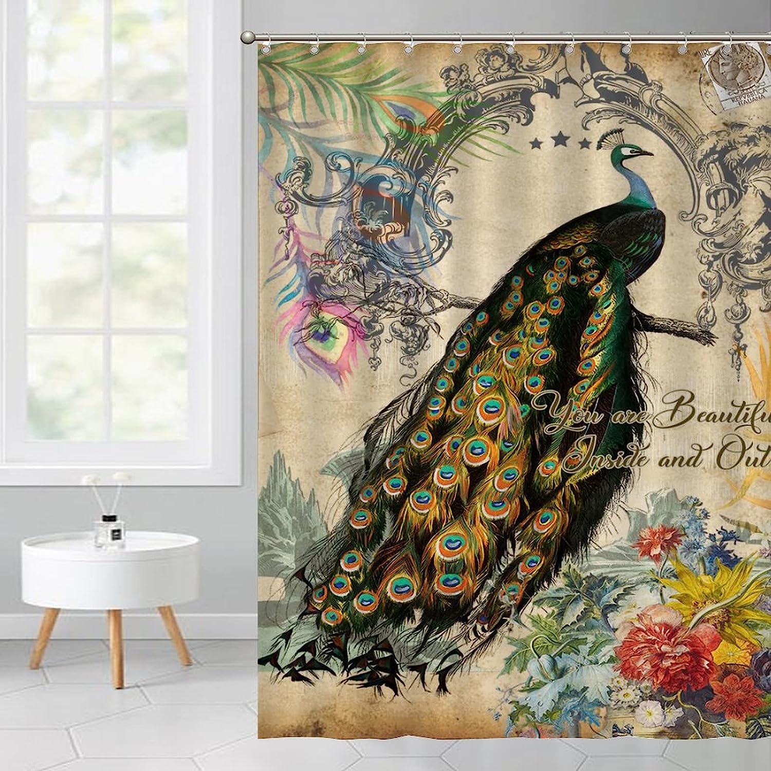 Peacock Flower Quotes Motto Shower Curtain for Beautiful Bathroom