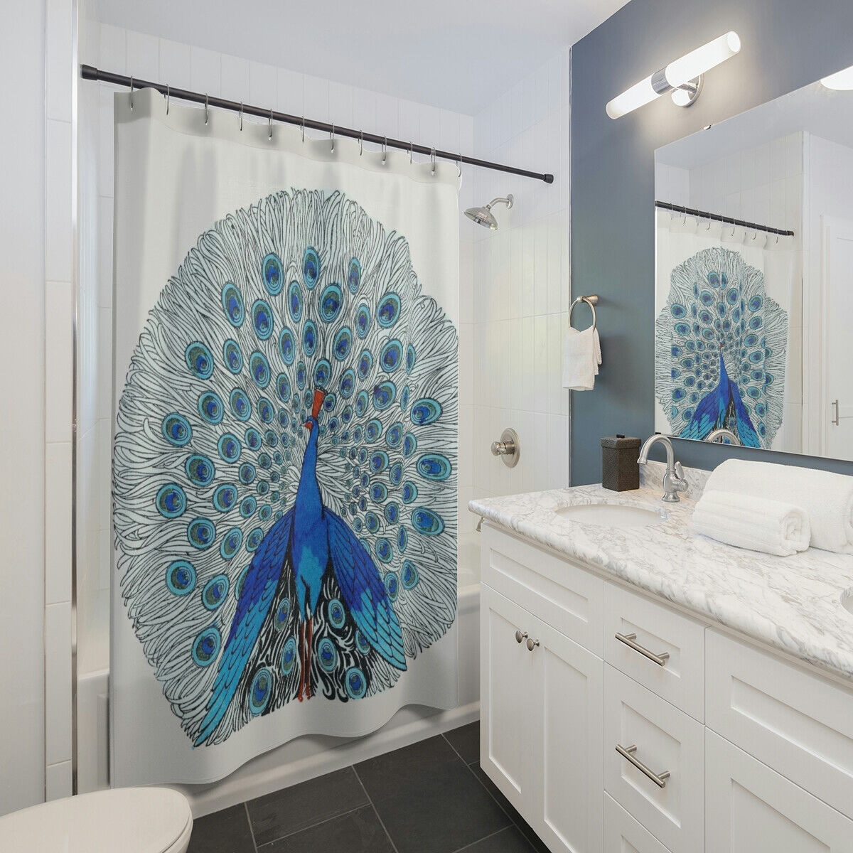 Peacock Illustration 1924 Blue Luxury Shower Curtains