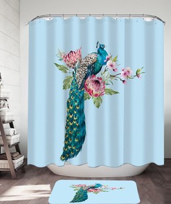 Peacock On Flowers Printed Waterproof Shower Curtain For Bathroom