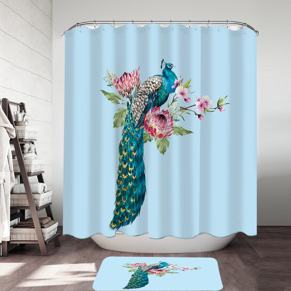 Peacock On Flowers Printed Waterproof Shower Curtain For Bathroom