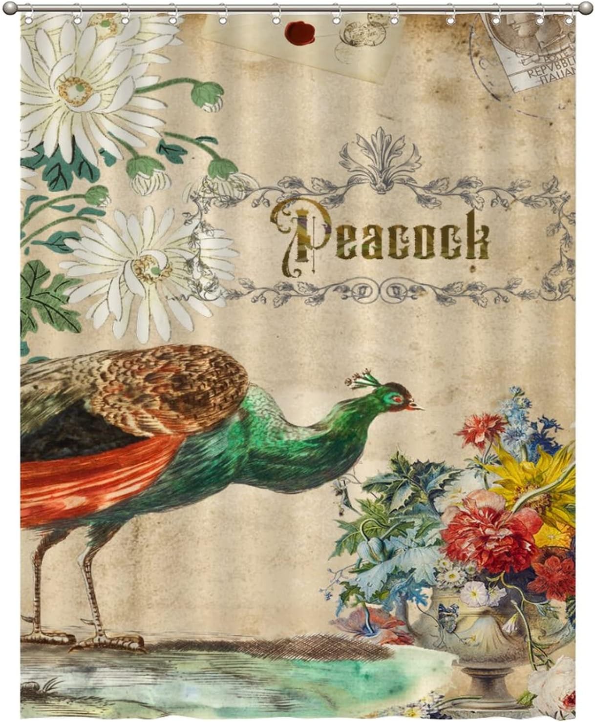 Peacock Quotes Shower Curtain with Postmark Stamp and Envelope Design - Vintage Bathroom Decor