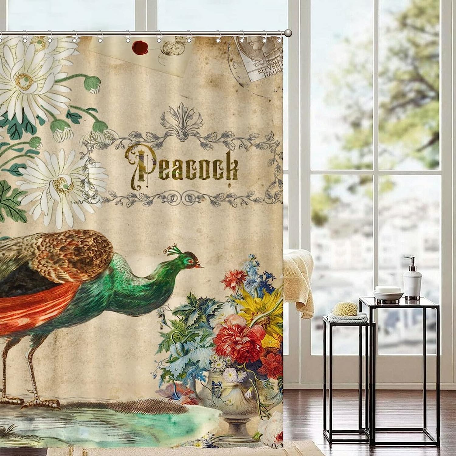 Peacock Quotes Shower Curtain with Postmark Stamp and Envelope Design - Vintage Bathroom Decor