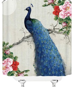 Peacock Shower Curtain Spring Peony Flower Oil Painting Beautiful Bird Flroal Asian Bathroom