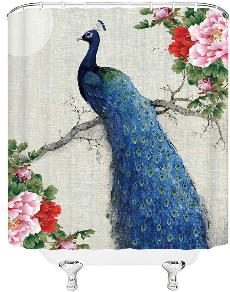 Peacock Shower Curtain Spring Peony Flower Oil Painting Beautiful Bird Flroal Asian Bathroom
