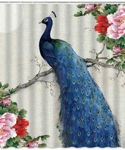 Peacock Shower Curtain Spring Peony Flower Oil Painting Beautiful Bird Flroal Asian Bathroom