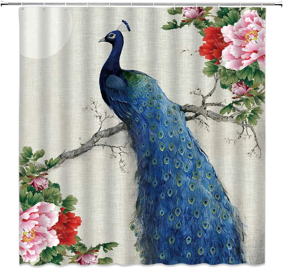 Peacock Shower Curtain Spring Peony Flower Oil Painting Beautiful Bird Flroal Asian Bathroom