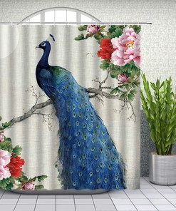 Peacock Shower Curtain Spring Peony Flower Oil Painting Beautiful Bird Flroal Asian Bathroom