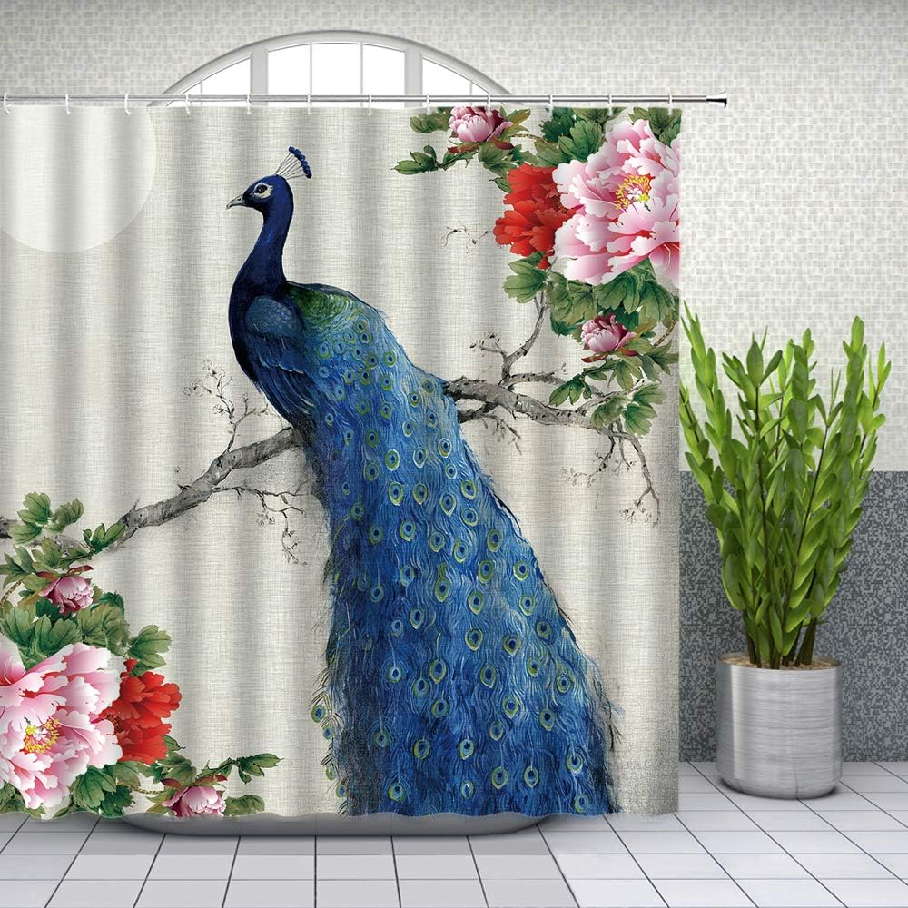 Peacock Shower Curtain Spring Peony Flower Oil Painting Beautiful Bird Flroal Asian Bathroom