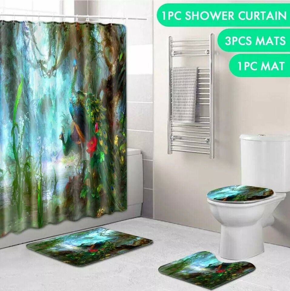 Peacock Shower Curtain With Anti-Slips Set
