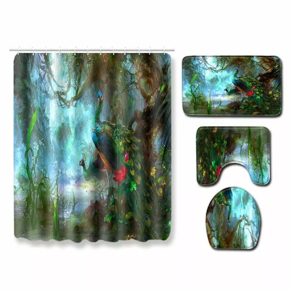 Peacock Shower Curtain With Anti-Slips Set - Image 2