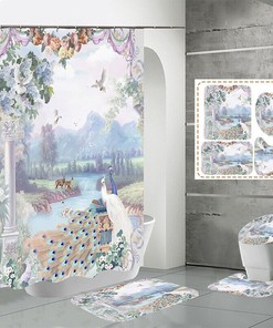 Peacock Shower Curtain With Flowering Shrubs Scenery For Bathroom