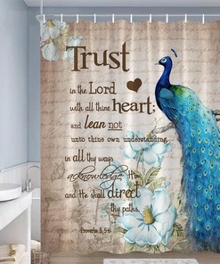 Peacock Shower Curtain with Elegant Floral Branch and Inspirational Quote for Rustic Bathroom Decor 