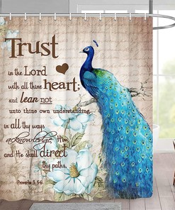 Peacock Shower Curtain with Elegant Floral Branch and Inspirational Quote for Rustic Bathroom Decor