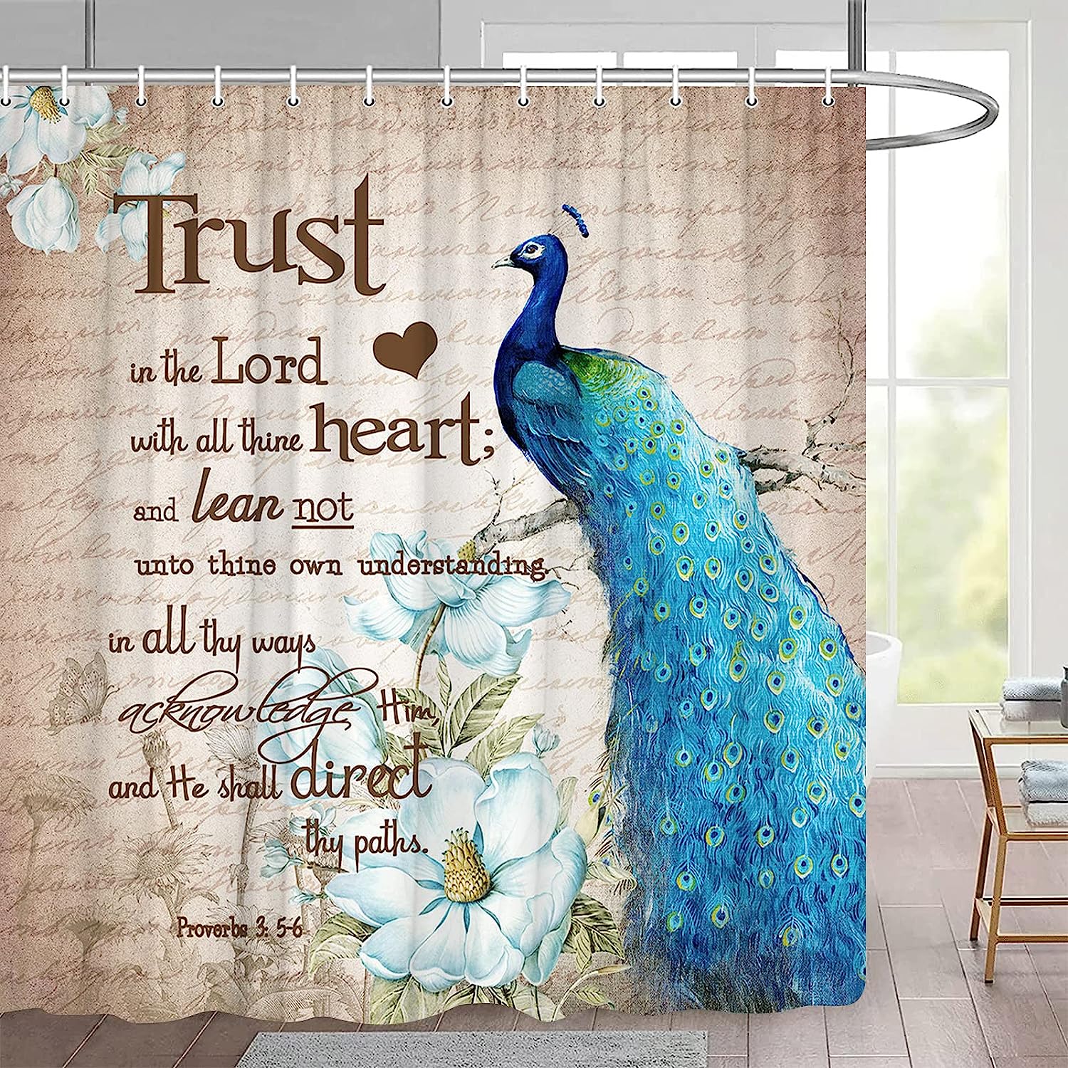 Peacock Shower Curtain with Elegant Floral Branch and Inspirational Quote for Rustic Bathroom Decor