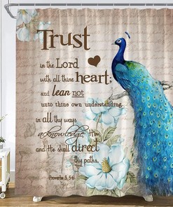 Peacock Shower Curtain with Elegant Floral Branch and Inspirational Quote for Rustic Bathroom Decor