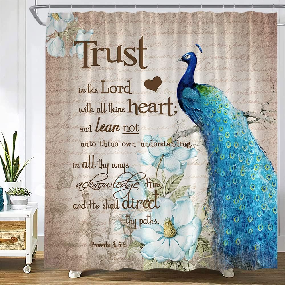 Peacock Shower Curtain with Elegant Floral Branch and Inspirational Quote for Rustic Bathroom Decor