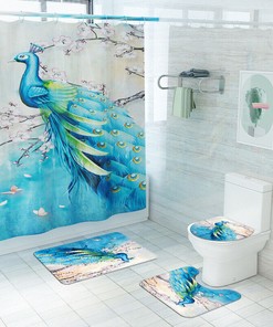 Peacock Waterproof Shower Curtain Set With Beautiful Blue Print, Luxurious Bathroom Decor