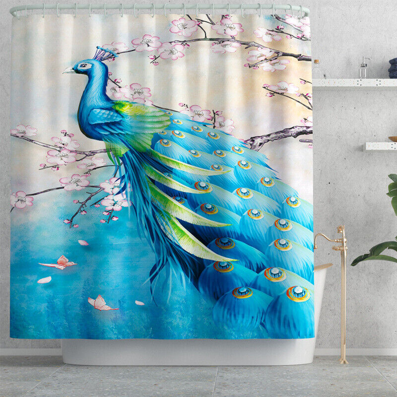 Peacock Waterproof Shower Curtain Set With Beautiful Blue Print, Luxurious Bathroom Decor - Image 2