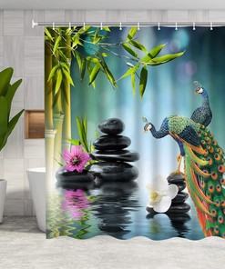 Peacock Zen Spa Green Bamboo Decoration Shower Curtain Waterproof Fabric Shower Curtain
