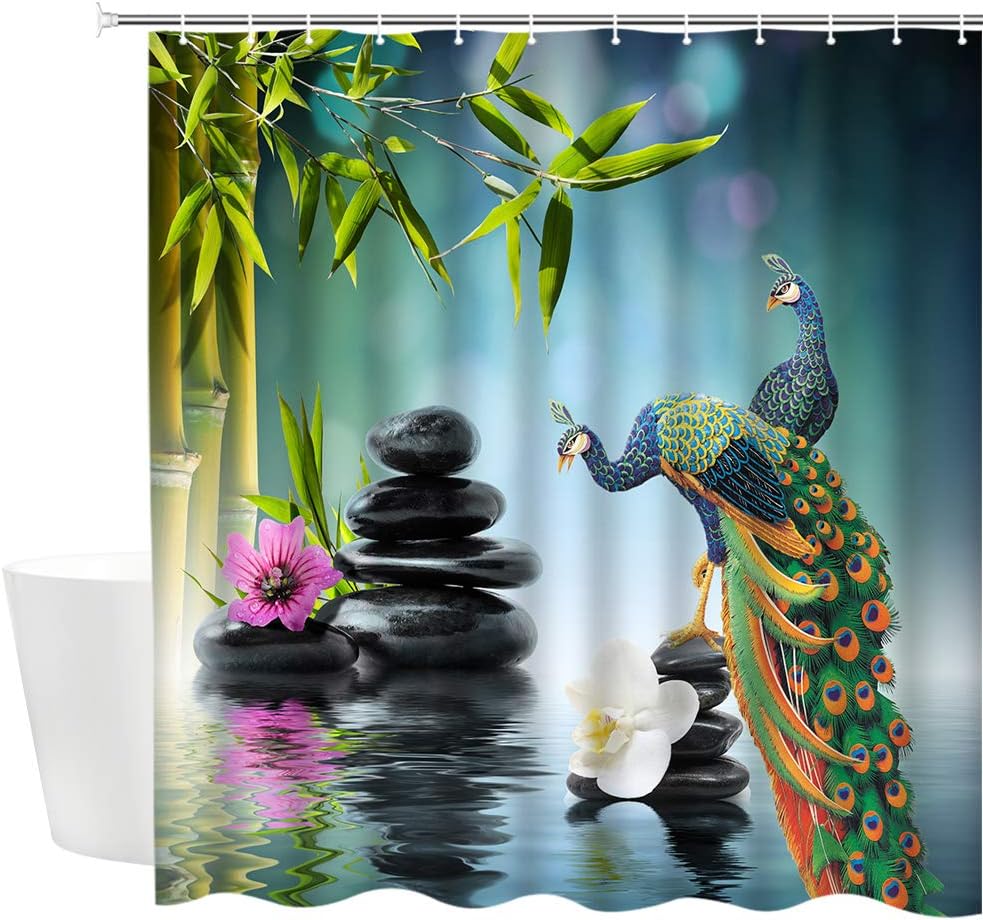 Peacock Zen Spa Green Bamboo Decoration Shower Curtain Waterproof Fabric Shower Curtain - Image 2